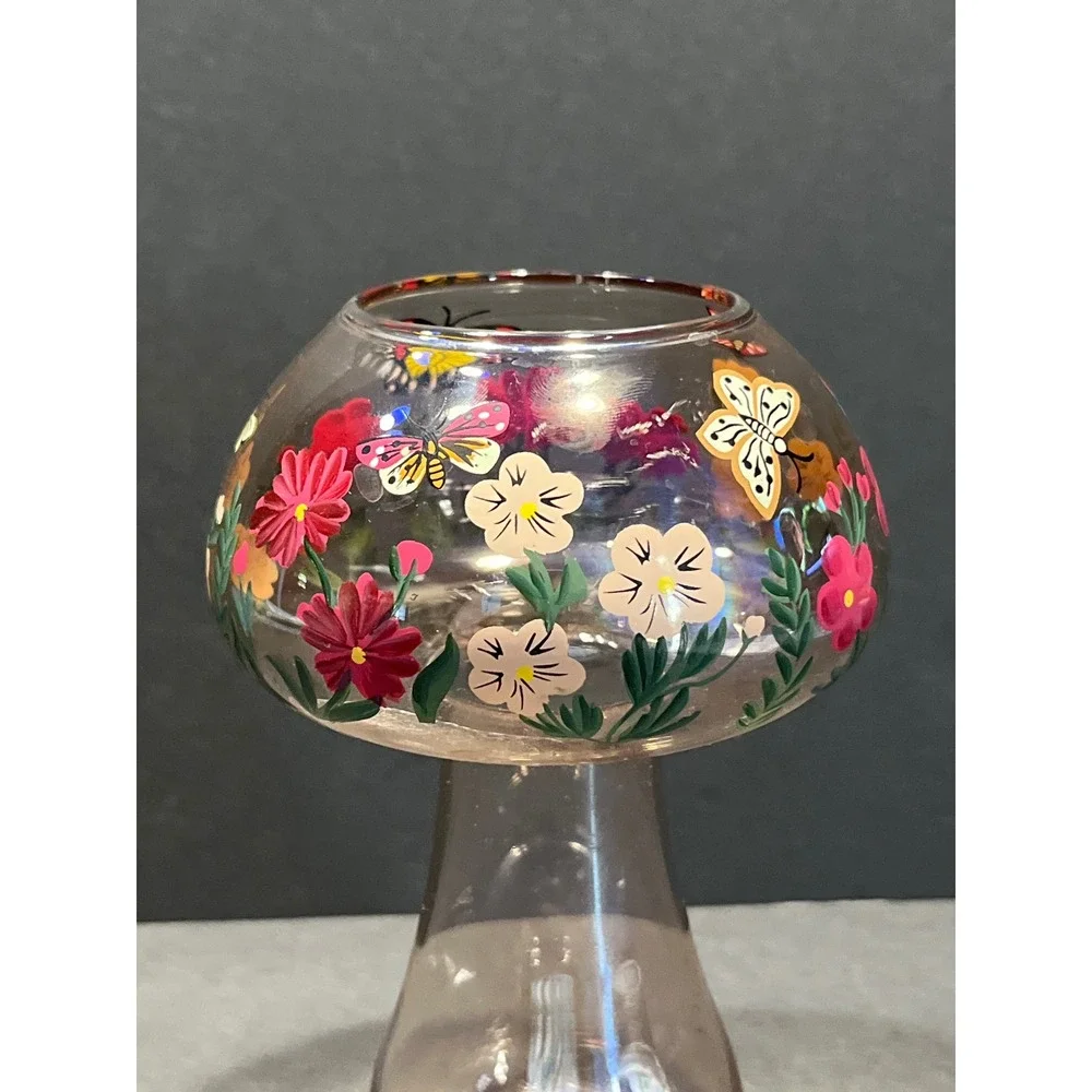 Hand Painted Glass Mushroom Vase Smoky Pink Floral Butterfly Cottagecore 7 Inch